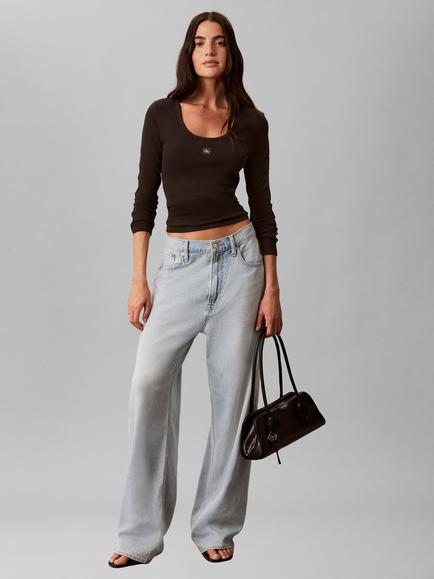 Calvin Klein Ribbed Cotton Long Sleeve Top, Black, Black