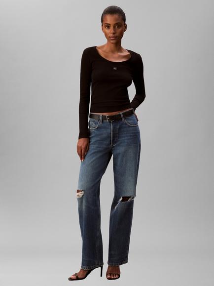 Calvin Klein Ribbed Cotton Long Sleeve Top, Black - view 2, Black