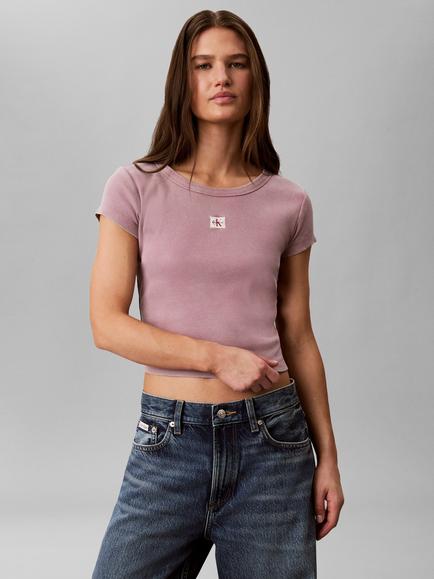 Calvin Klein Slim Ribbed Washed Cotton T-Shirt, Purple Amethyst - view 2, Purple Amethyst