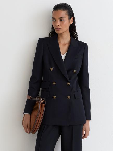 Reiss Lauryn Wool Blend Twill Double Breasted Blazer, Navy, Navy