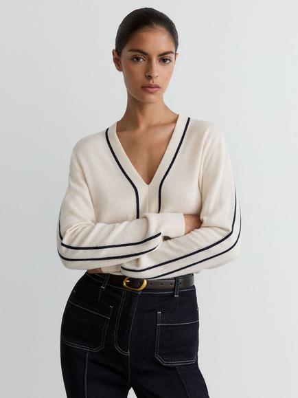 Reiss Mila Wool Blend Striped Jumper, Ivory/Navy, Ivory/Navy