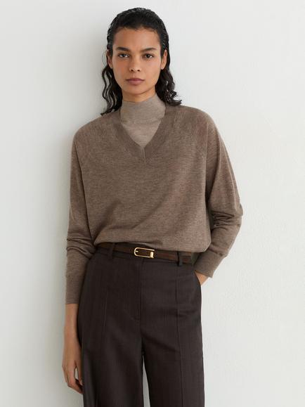 Reiss Paris V-Neck Merino Wool Jumper, Mocha Brown, Mocha Brown