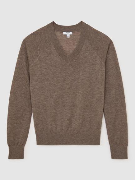 Reiss Paris V-Neck Merino Wool Jumper, Mocha Brown - view 2, Mocha Brown