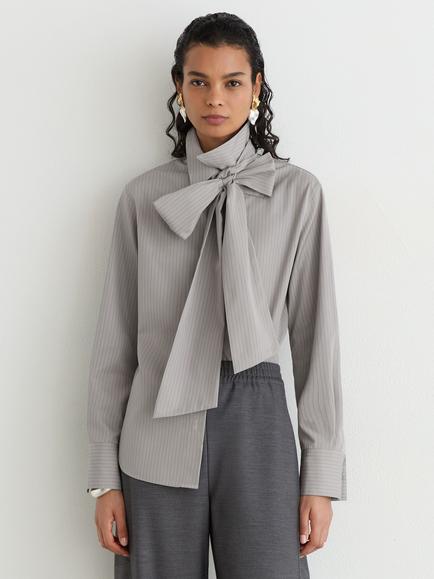 Reiss Elowen Striped Tie Neck Shirt, Grey, Grey