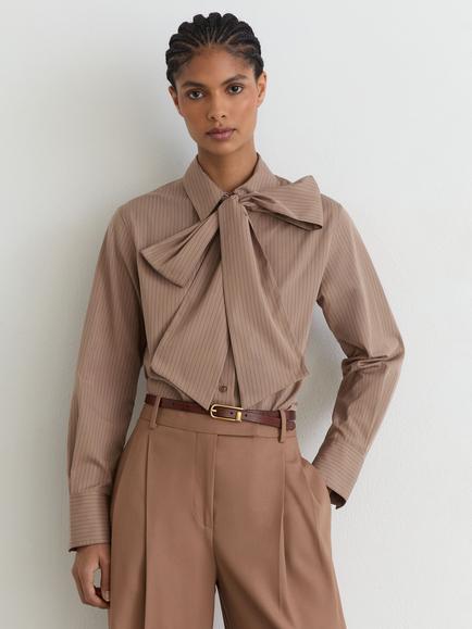 Reiss Elowen Striped Tie Neck Shirt, Mocha Brown, Mocha Brown