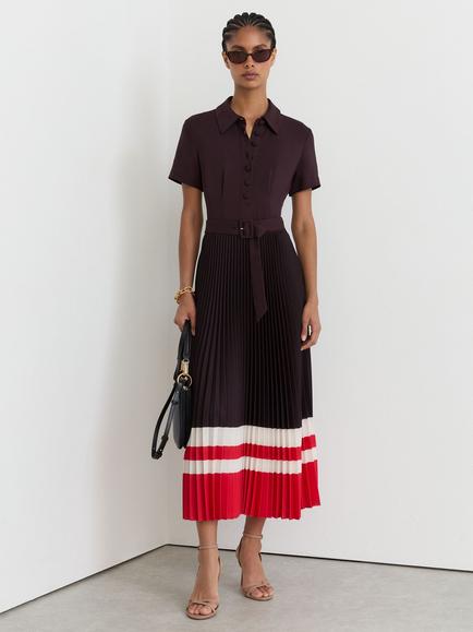 Reiss Ayla Pleated Button Detail Midi Dress, Grape Burgundy, Grape Burgundy