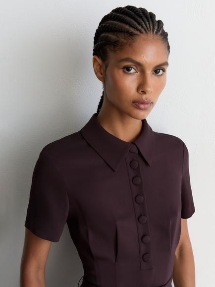 Reiss Ayla Pleated Button Detail Midi Dress, Grape Burgundy - view 2, Grape Burgundy