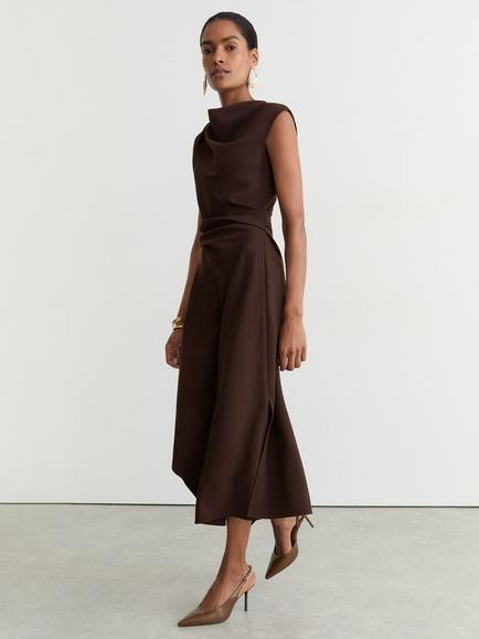 Reiss Camilla Ruched Shoulder Midi Dress, Grape Burgundy - view 2, Grape Burgundy