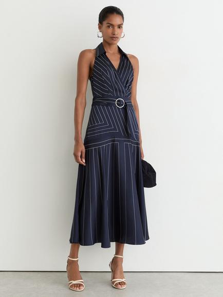 Reiss Casey Striped Halter Neck Dress, Navy, Navy