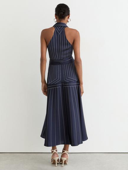 Reiss Casey Striped Halter Neck Dress, Navy - view 2, Navy