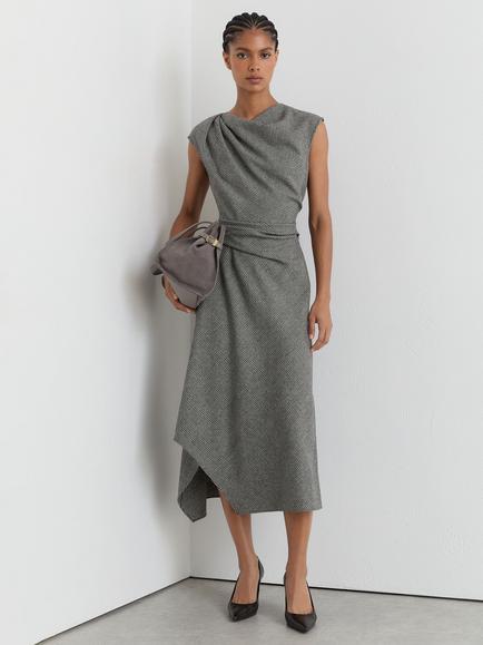 Reiss Clara Wool Blend Check Draped Midi Dress, Grey, Grey
