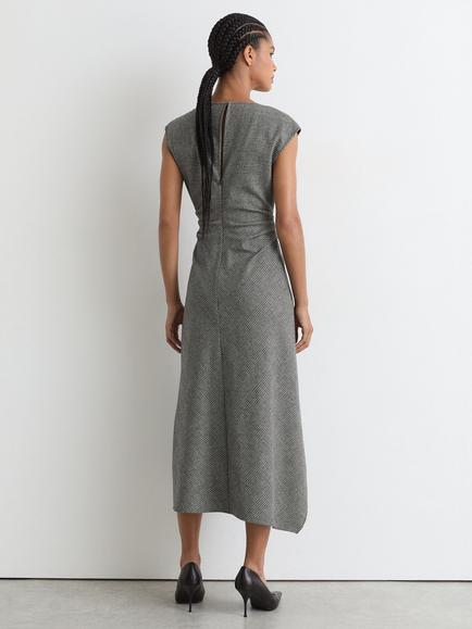 Reiss Clara Wool Blend Check Draped Midi Dress, Grey - view 2, Grey