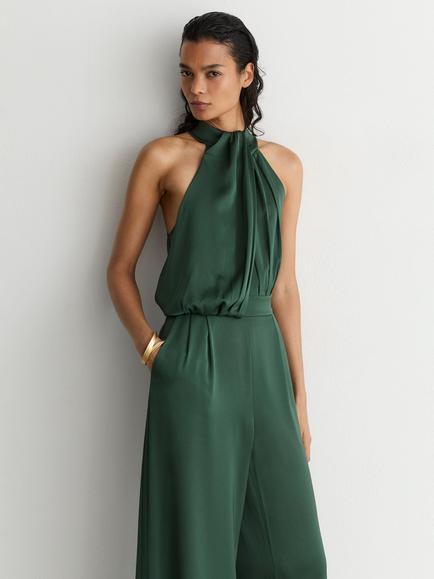 Reiss Finley Halter Neck Drape Jumpsuit, Teal Green - view 2, Teal Green