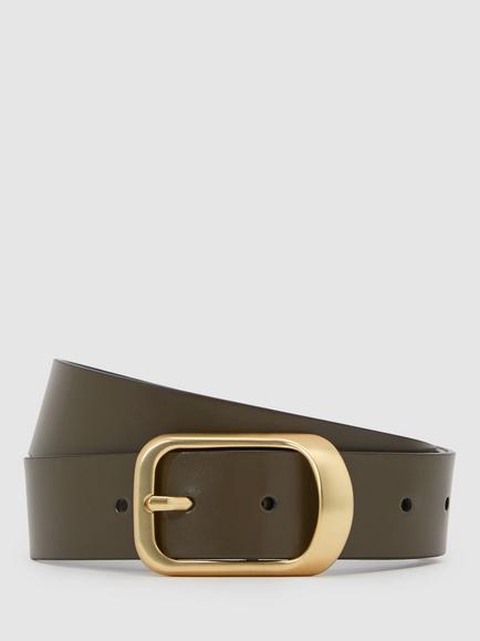 Reiss Evie Suede Curved Buckle Belt, Khaki, Khaki