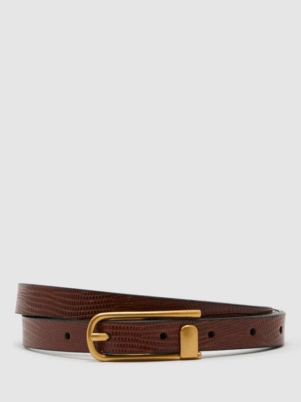 Reiss Iris Slim Leather Lizard Effect Half Keeper Belt, Tan, Tan