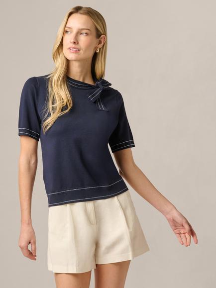 Adrianna Papell Side Tie Neck Jumper, Navy/Cream, Navy/Cream