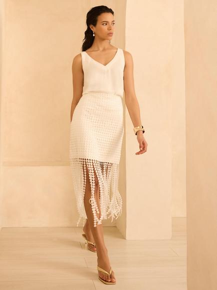 Mint Velvet Disc Fringed Midi Skirt, Natural Cream - view 2, Natural Cream