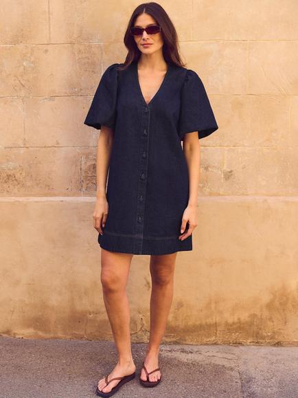 Ro&Zo Denim Button Through Mini Dress, Blue, Blue