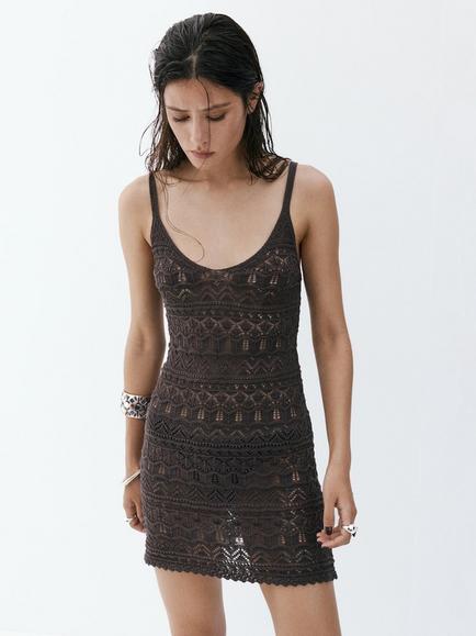 Mango Crochet Mini Dress, Chocolate, Chocolate