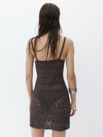 Mango Crochet Mini Dress, Chocolate - view 2, Chocolate