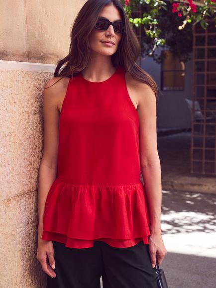 Ro&Zo Sheer Ruffle Hem Longline Blouse, Red Bright