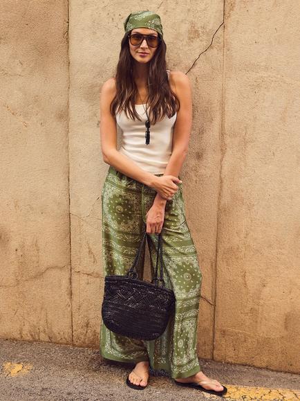 Ro&Zo Petite Scarf Print Drawstring Wide Leg Trousers, Green Khaki, Green Khaki