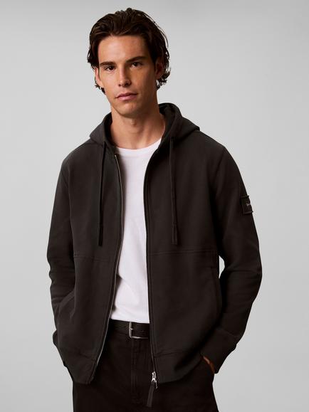 Calvin Klein Badge Zip Front Cotton Blend Hoodie, Black, Black