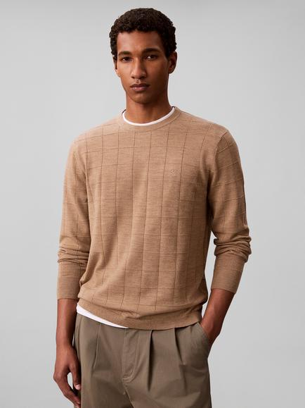 Calvin Klein Merino Wool Textured Check Jumper, Brown Mid, Brown Mid
