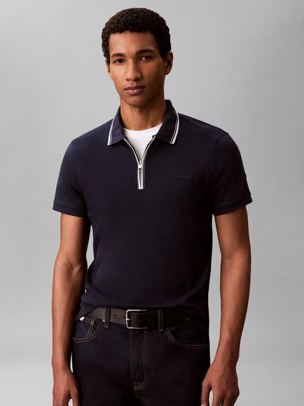 Calvin Klein Cotton Slim Fit Zip Polo Shirt, Blue Dark - view 2, Blue Dark