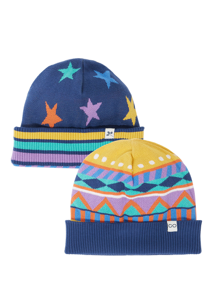 Frugi Kids' Voyager Reversible Hat, Star - view 2, Winterfairisle/Star