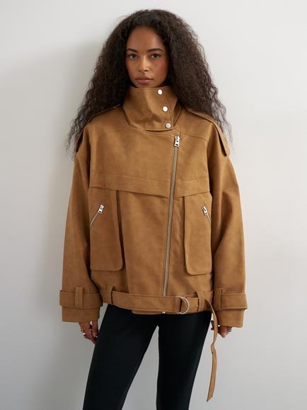 Topshop Faux Suede Funnel Neck Biker Jacket, Tan, Tan