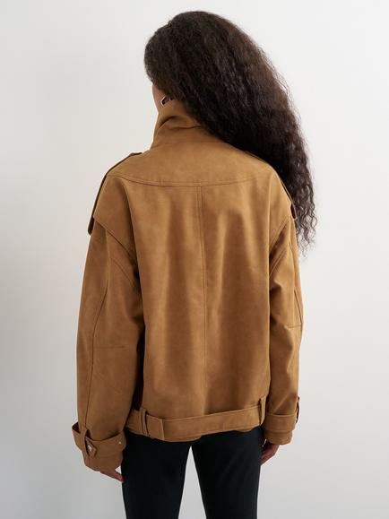 Topshop Faux Suede Funnel Neck Biker Jacket, Tan - view 2, Tan