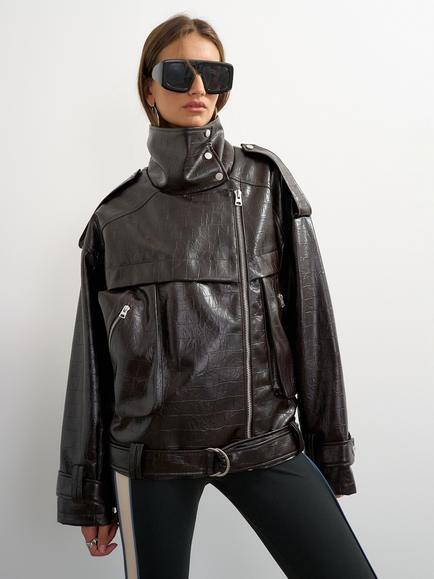 Topshop Croc Effect Faux Leather Biker Jacket, Chocolate, Chocolate