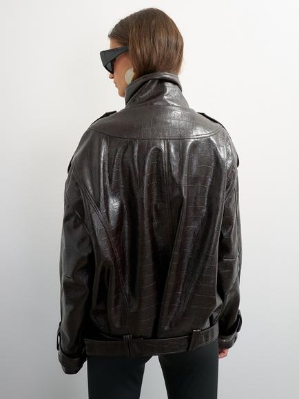 Topshop Croc Effect Faux Leather Biker Jacket, Chocolate - view 2, Chocolate