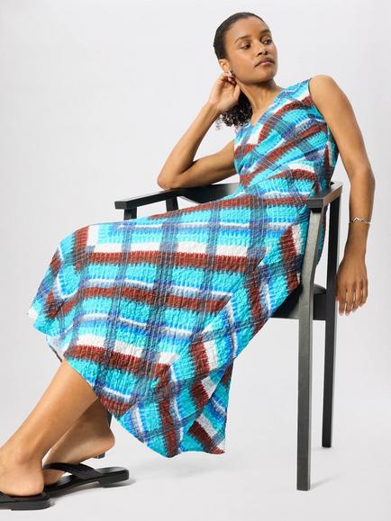 Whistles Checked V-Neck Textured Midi Dress, Blue/Multi - view 2, Blue/Multi