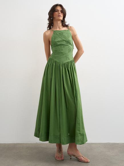 Topshop Deep V-Back Sleeveless Embroidered Cotton Midi Dress, Green, Green