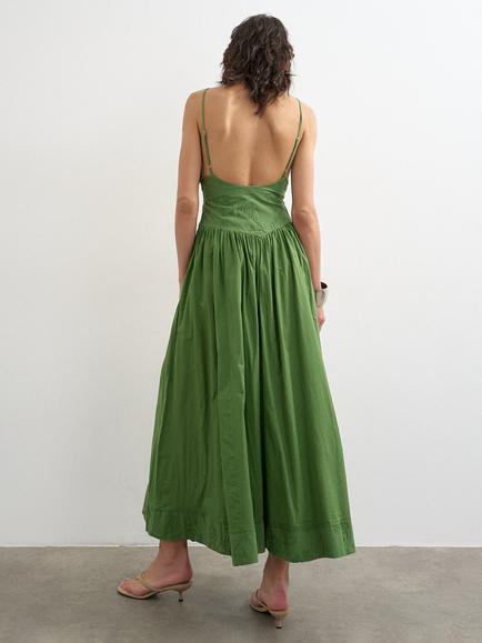 Topshop Deep V-Back Sleeveless Embroidered Cotton Midi Dress, Green - view 2, Green
