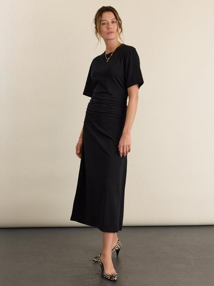 Baukjen Jinny Cotton Rich Ruched Midi Dress, Black, Black