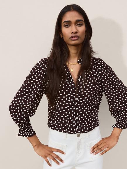 Baukjen Cela Viscose Polka Dot Puff Sleeve Top, Classic Navy/Multi, Dark Chocolate/Multi