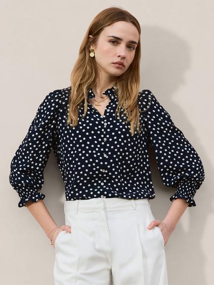 Baukjen Cela Viscose Polka Dot Puff Sleeve Top, Classic Navy/Multi, Classic Navy/Multi
