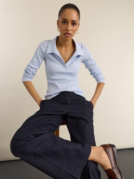Baukjen Fern Ribbed Cotton Long Sleeve Polo Shirt, Ice Blue, Ice Blue
