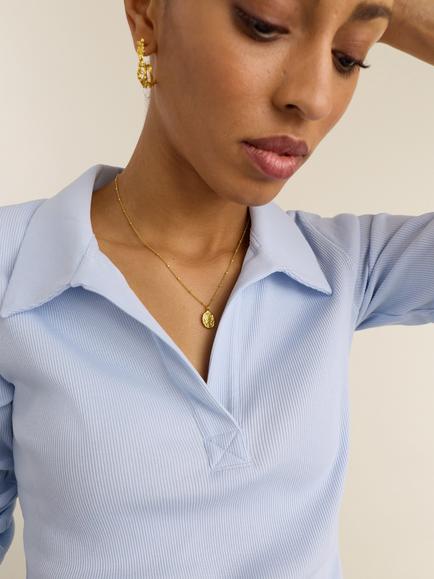 Baukjen Fern Ribbed Cotton Long Sleeve Polo Shirt, Ice Blue - view 2, Ice Blue