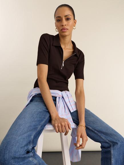 Baukjen Ivy Ribbed Zip-Neck Cotton T-Shirt, Dark Chocolate - view 2, Dark Chocolate