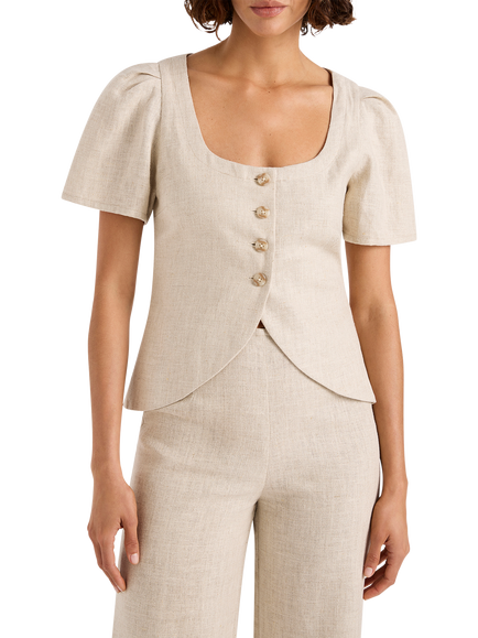 FAITHFULL Audrey Short Sleeve Linen Blouse, Beige, Beige