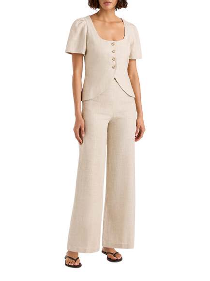 FAITHFULL Audrey Short Sleeve Linen Blouse, Beige - view 2, Beige