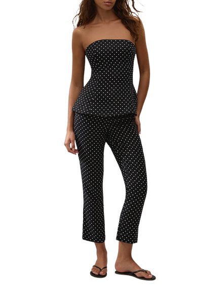 FAITHFULL Petro Bandeau Polka Dot Linen Peplum Top, Black/Cream, Black/Cream