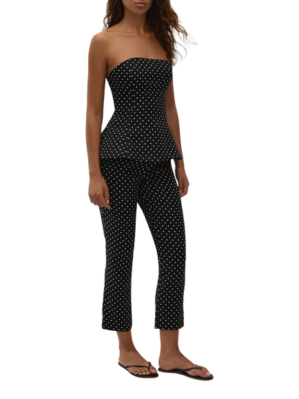 FAITHFULL Petro Bandeau Polka Dot Linen Peplum Top, Black/Cream - view 2, Black/Cream