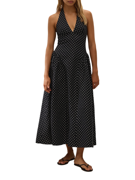 FAITHFULL La Cala Sleeveless Linen Midi Dress, Black/Cream, Black/Cream