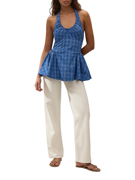 FAITHFULL Del Ros Sleeveless Halterneck Peplum Check Cotton Top, Blue, Blue