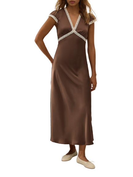 FAITHFULL Elvira Cap Sleeve Lace Trim V-Neck Midi Dress, Brown, Brown